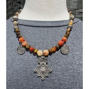 Tiger Eye, Fire Agate Necklace: Moroccan Southern Cross Pendant 03YS00864
